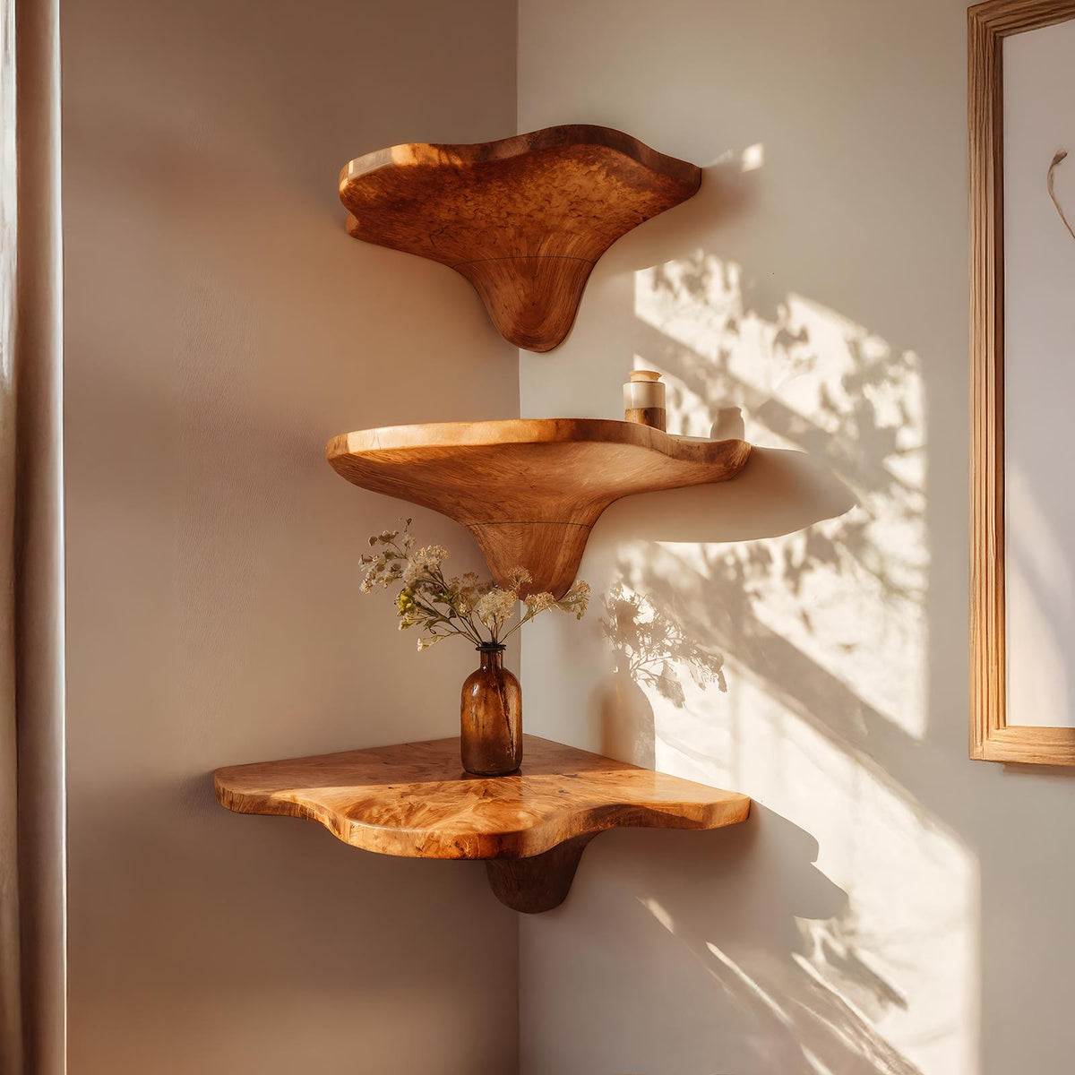 Mid Century Handcrafted Wooden Live Edge Mushroom Shelf For Home Decor
