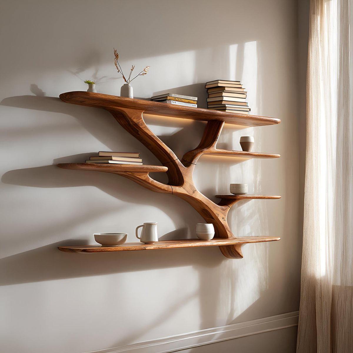Industrial Floating Wooden Shelving Unit, Handcrafted Wall Mounted Storage Organizer Bookshelf for Bedroom Decor