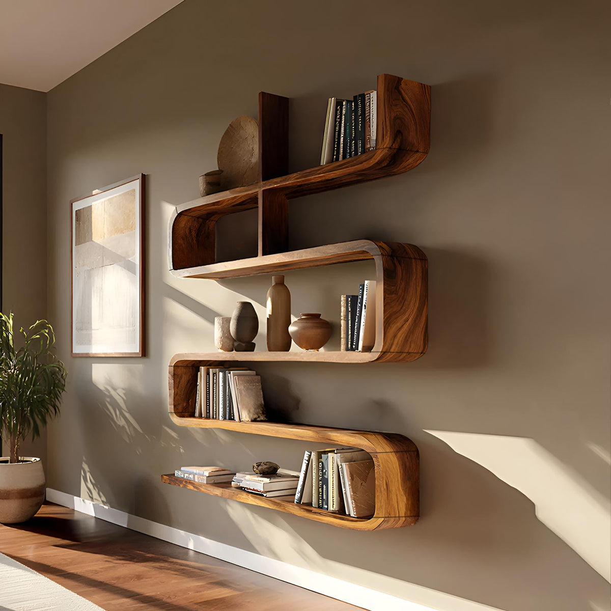 Modern Natural Wood Display Shelf, Handcrafted Solid Wooden Floating Wall Mount Ledge Bookshelf Rack for Living Room Decor Accent