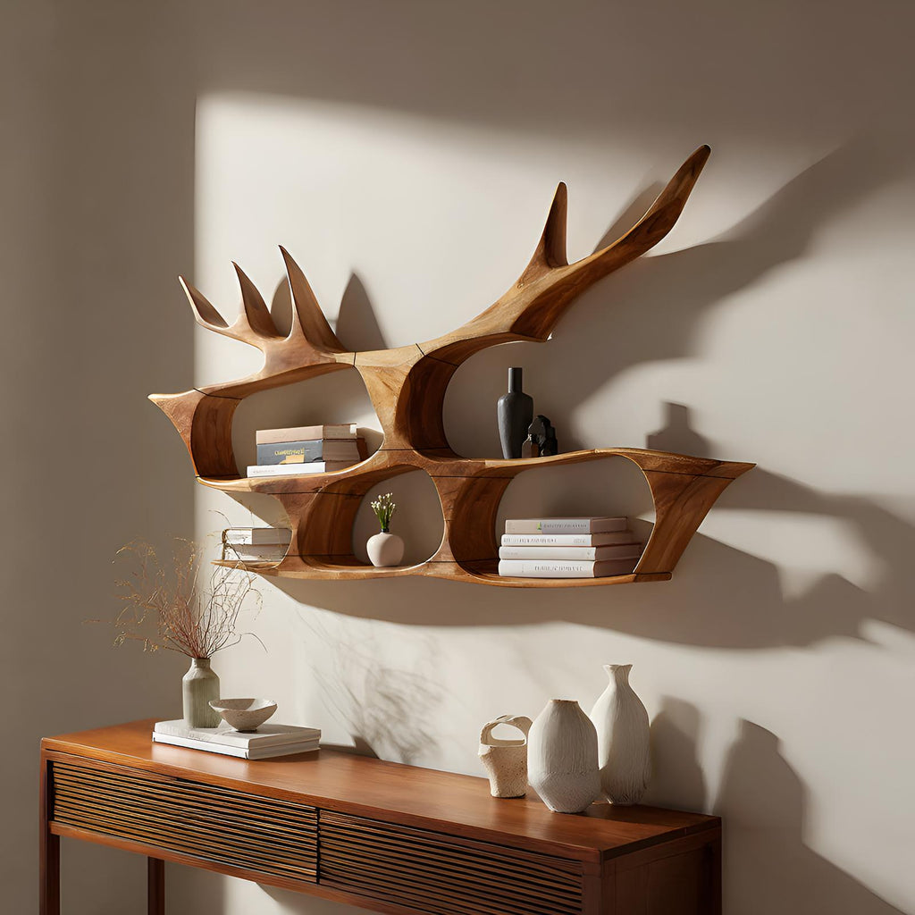 Mid Century Handcrafted Wooden Wall Mount Shelf, Floating Solid Wood Display Ledge Rack, Modern Storage Bookcase for Foyer Entryway