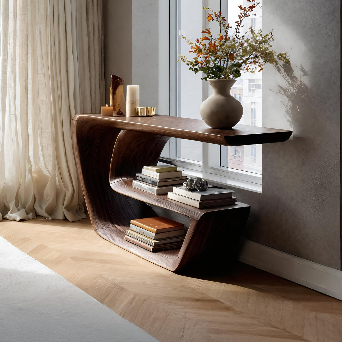 Spry Interior Mid Century Solid Wood Console Table, Handmade Sculptural Wooden Entryway Table for Modern Foyer and Living Room, SILDTTNCS090