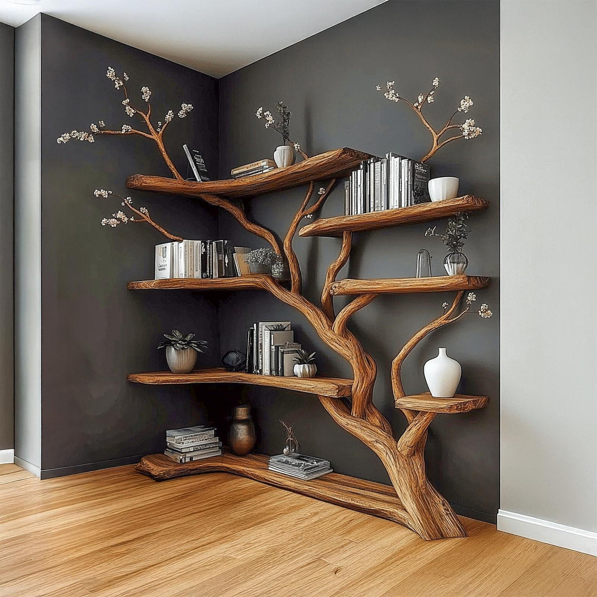 Spry Interior Handcrafted Tree Corner Storage Shelf, Wood Branch Corner Bookcase for Cozy Living Room Interior Feature Decor, SINLSATB647