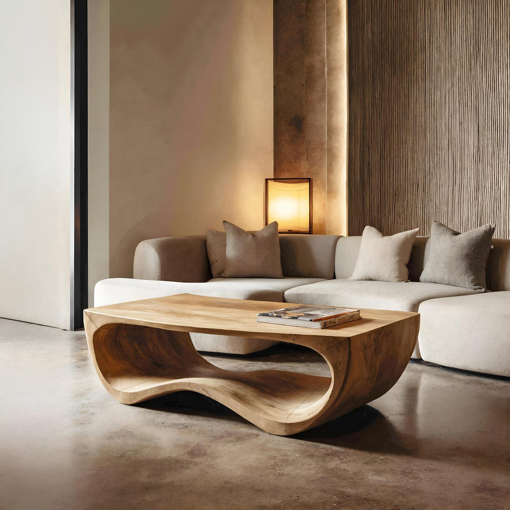 Artistic Sculptural Curved Coffee Table, Handcrafted Solid Wood Center Table for Modern Living Room Lounge, Model
