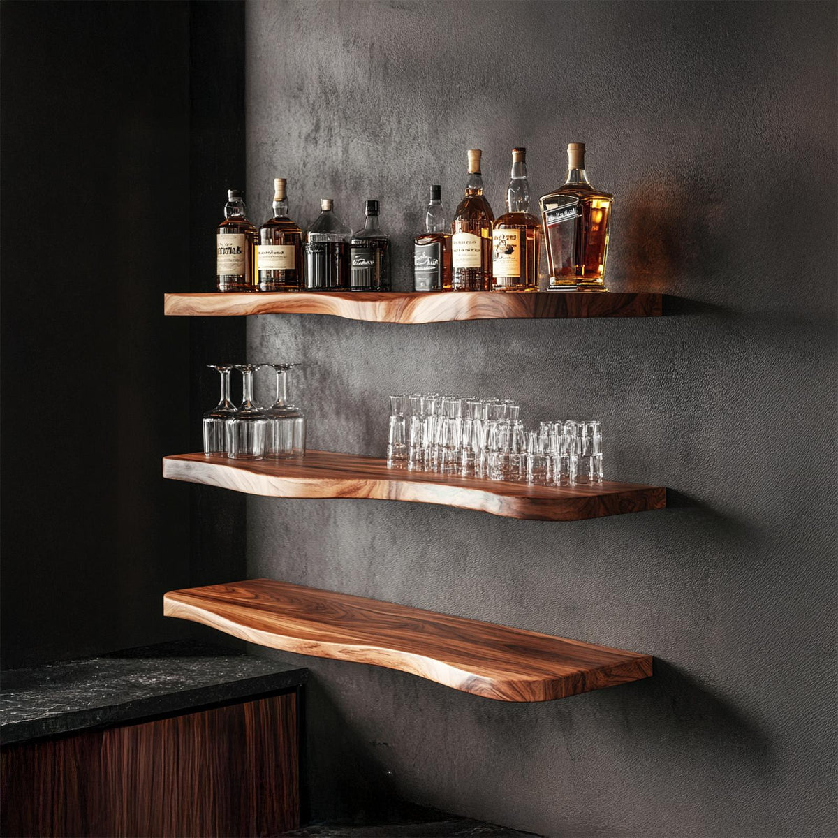 Nature Inspired Live Edge Bar Shelf Solid Wood Home Bar Interior Statement Decor