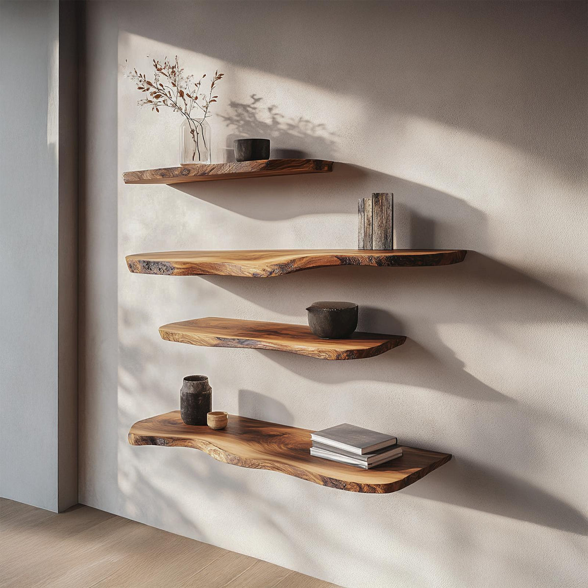Rustic Organic Floating Wood Shelf, Wall Mounted Natural Edge Display Rack for Living Room & Bedroom