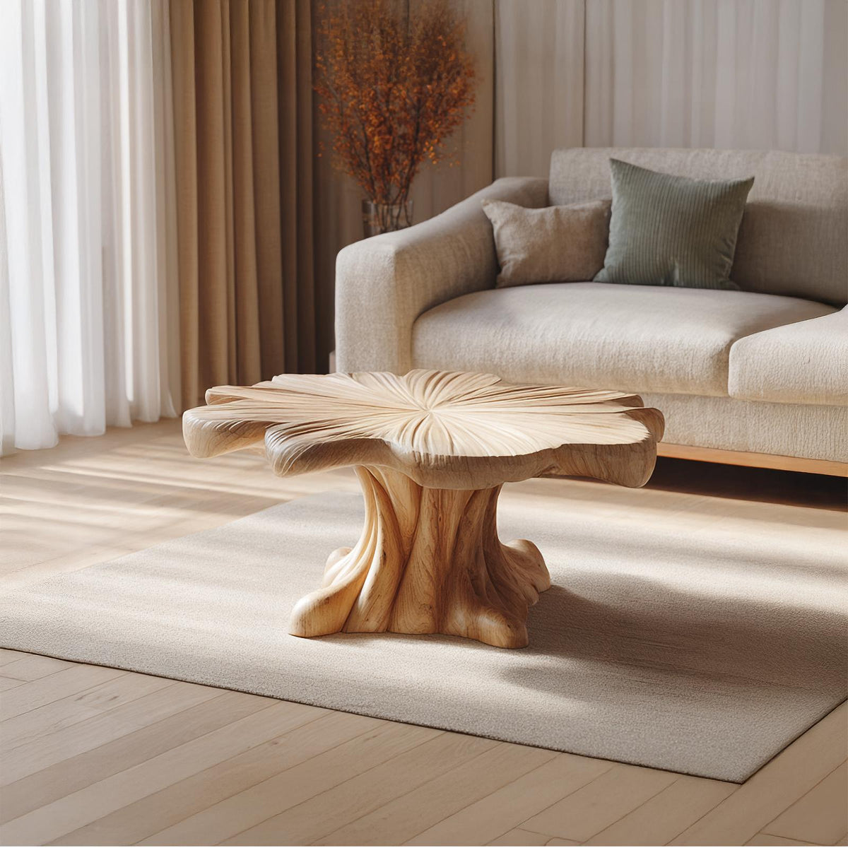 Sculptural Organic Solid Wood Coffee Table Artistic Centerpiece Contemporary Living Room Interior