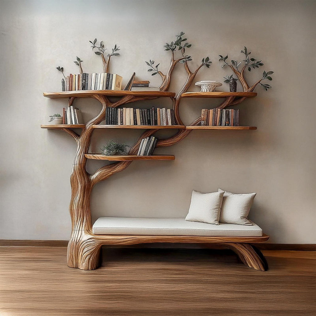 Sculptural Tree Bookshelf Bench Living Room Interior Integrated Display