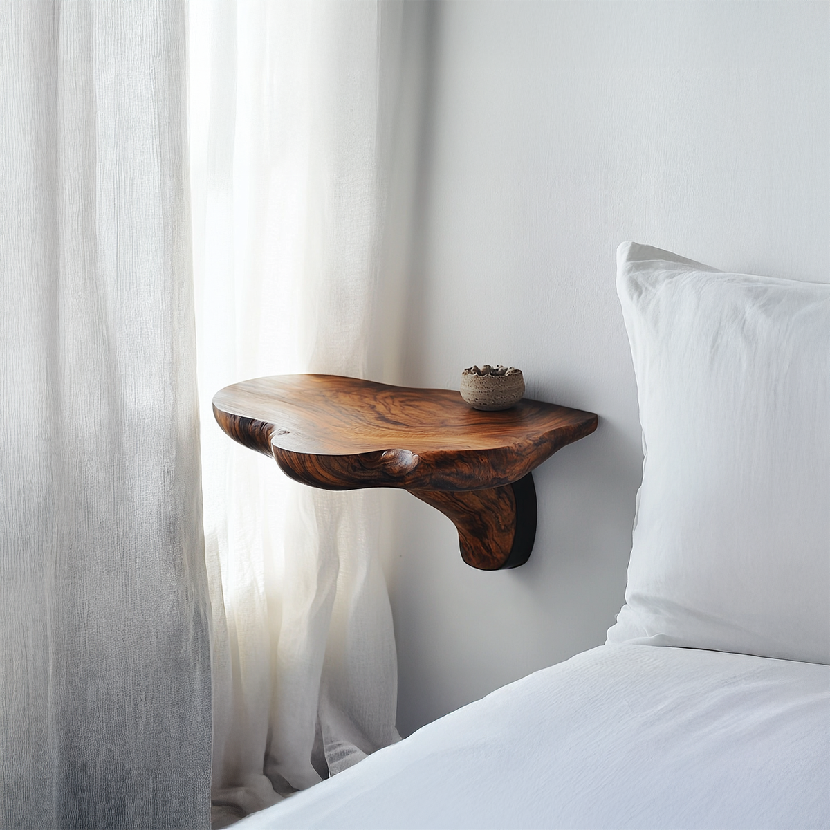Organic Modern Accent Wall Shelf, Solid Wood Floating Book & Plant Display Ledge for Bedroom
