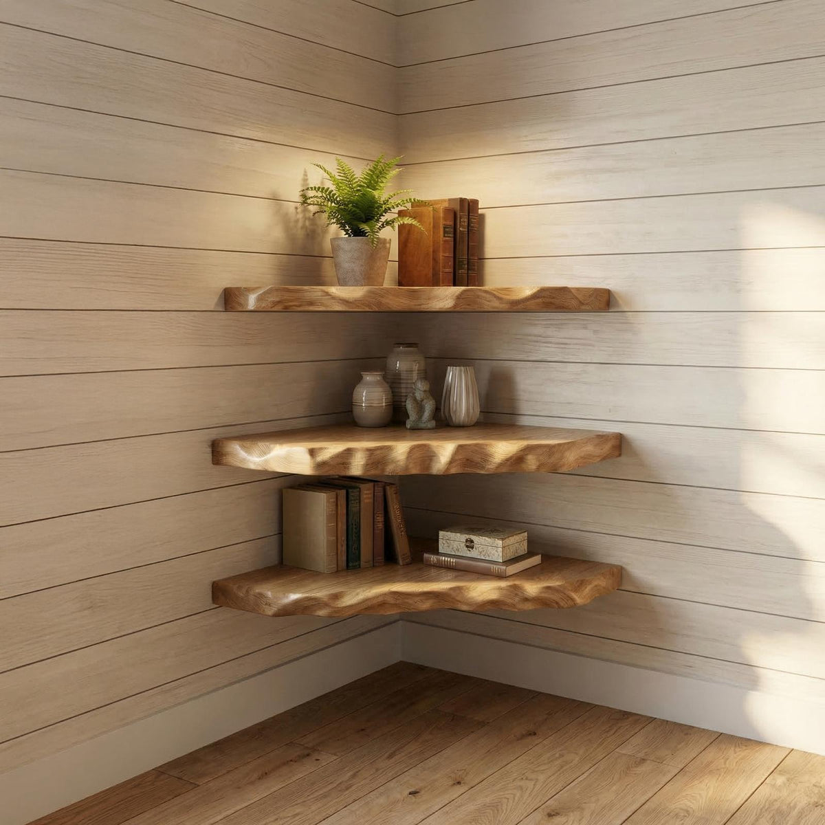 Rustic Floating Corner Display Shelf, Solid Wood Wall Mounted Storage for Living Room & Lounge