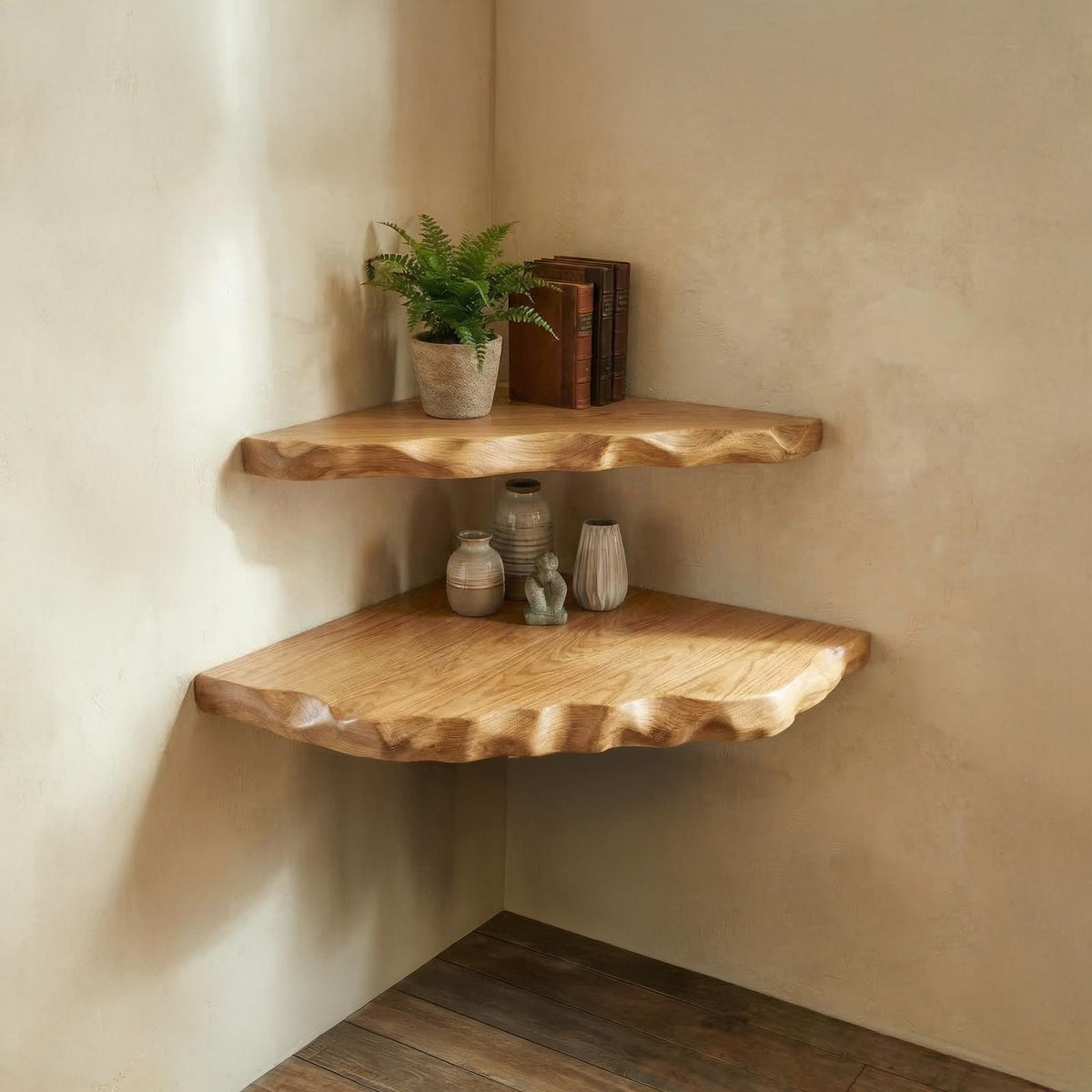 Rustic Wall Corner Shelf, Solid Wood Mounted Display Storage Rack for Living Room Decor