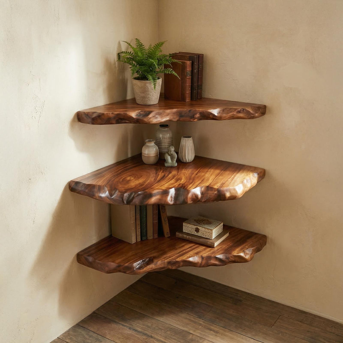 Rustic Floating Corner Shelf, Solid Wood Wall-Mounted Display Storage for Living Room