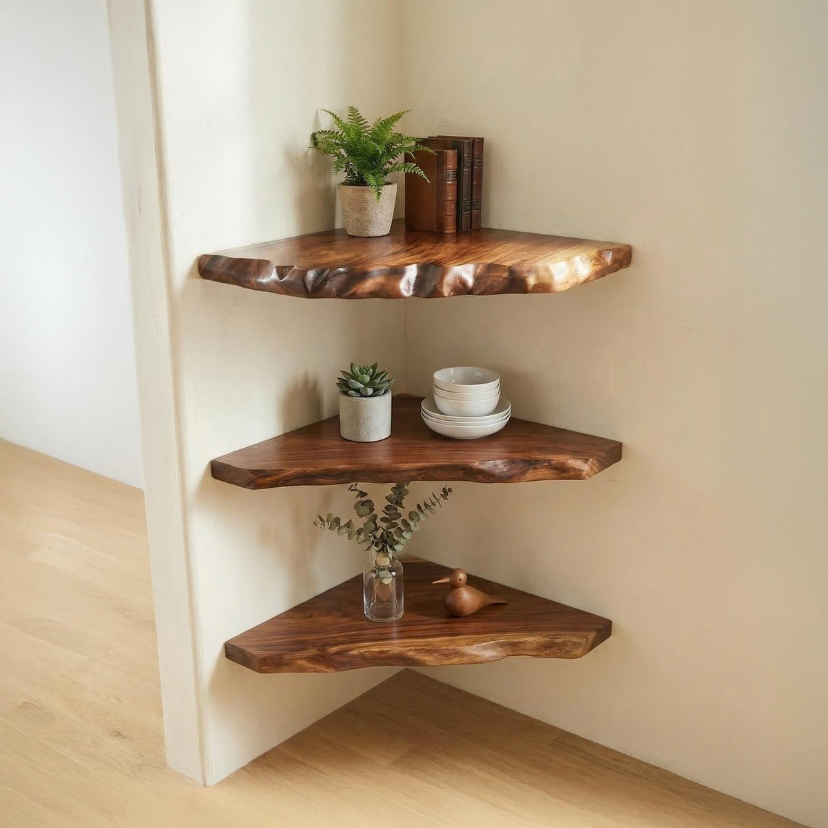 Rustic Wall Mounted Corner Shelf, Solid Wood Hanging Display Organizer for Living Room