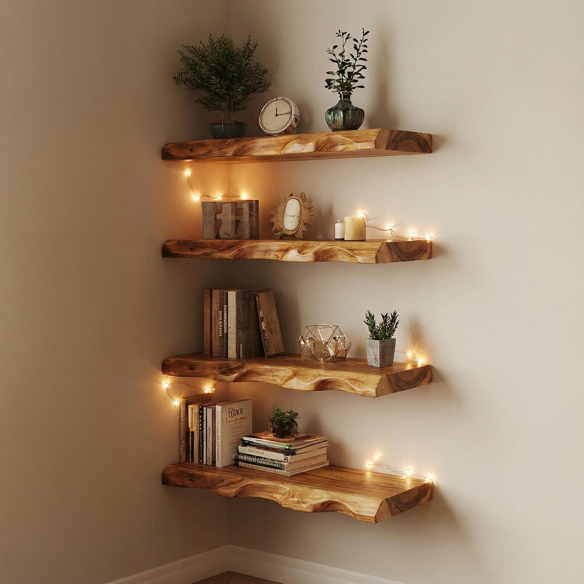Rustic Organic Floating Wall Shelf For Bedroom And Living Room