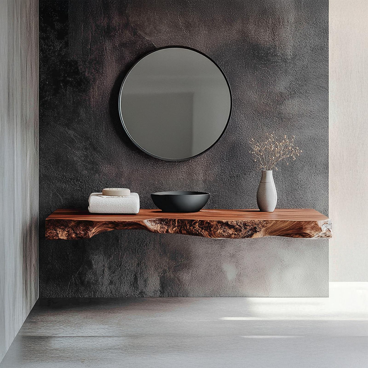 Spry Interior Minimalist Rustic Bathroom Vanity, Floating Live Edge Solid Wood Sink Console Shelf & Bathroom Organizer, SINLSABRV258