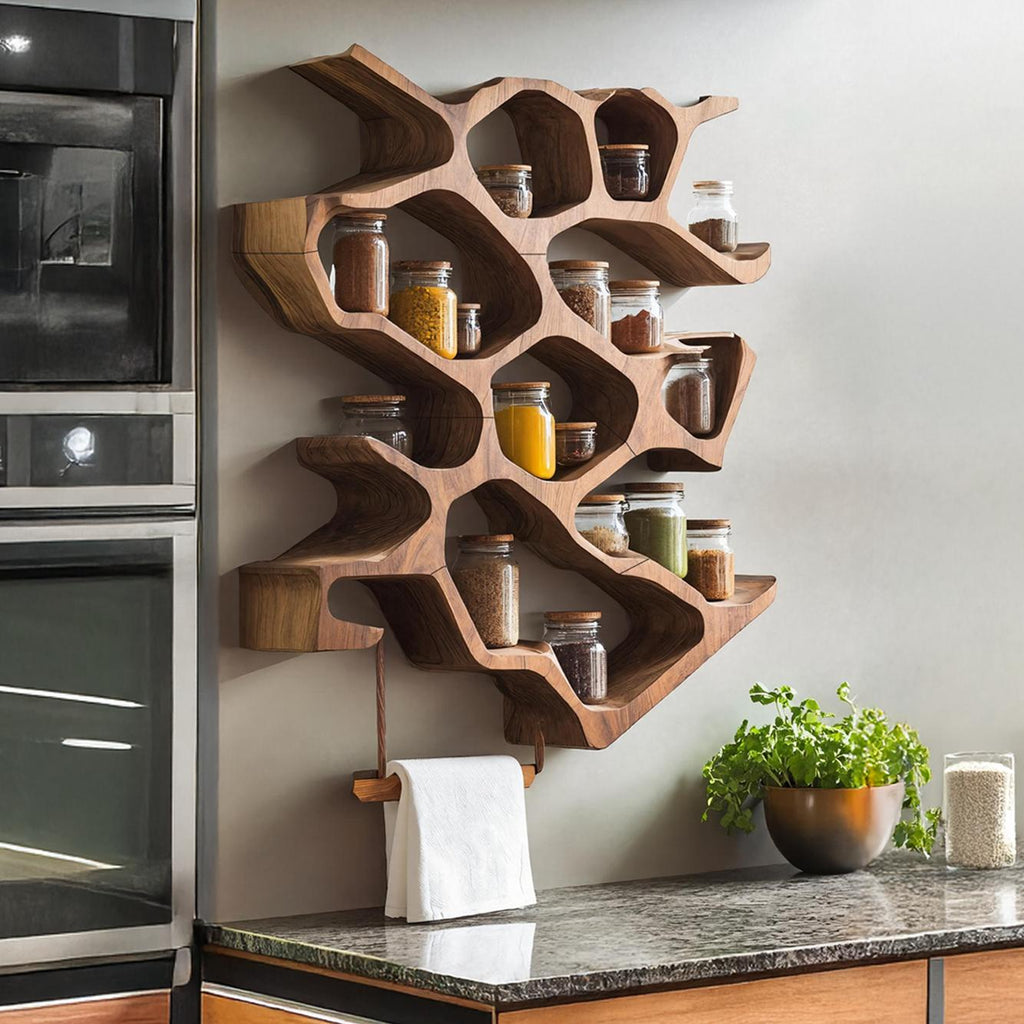 Rustic Wooden Spice Cabinet, Handcrafted Wall Mounted Kitchen Storage Rack Organizer & Entryway Key Holder