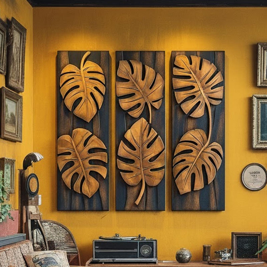 Tropical Monstera Carved Solid Wood Wall Art Panel Set Interior Decor