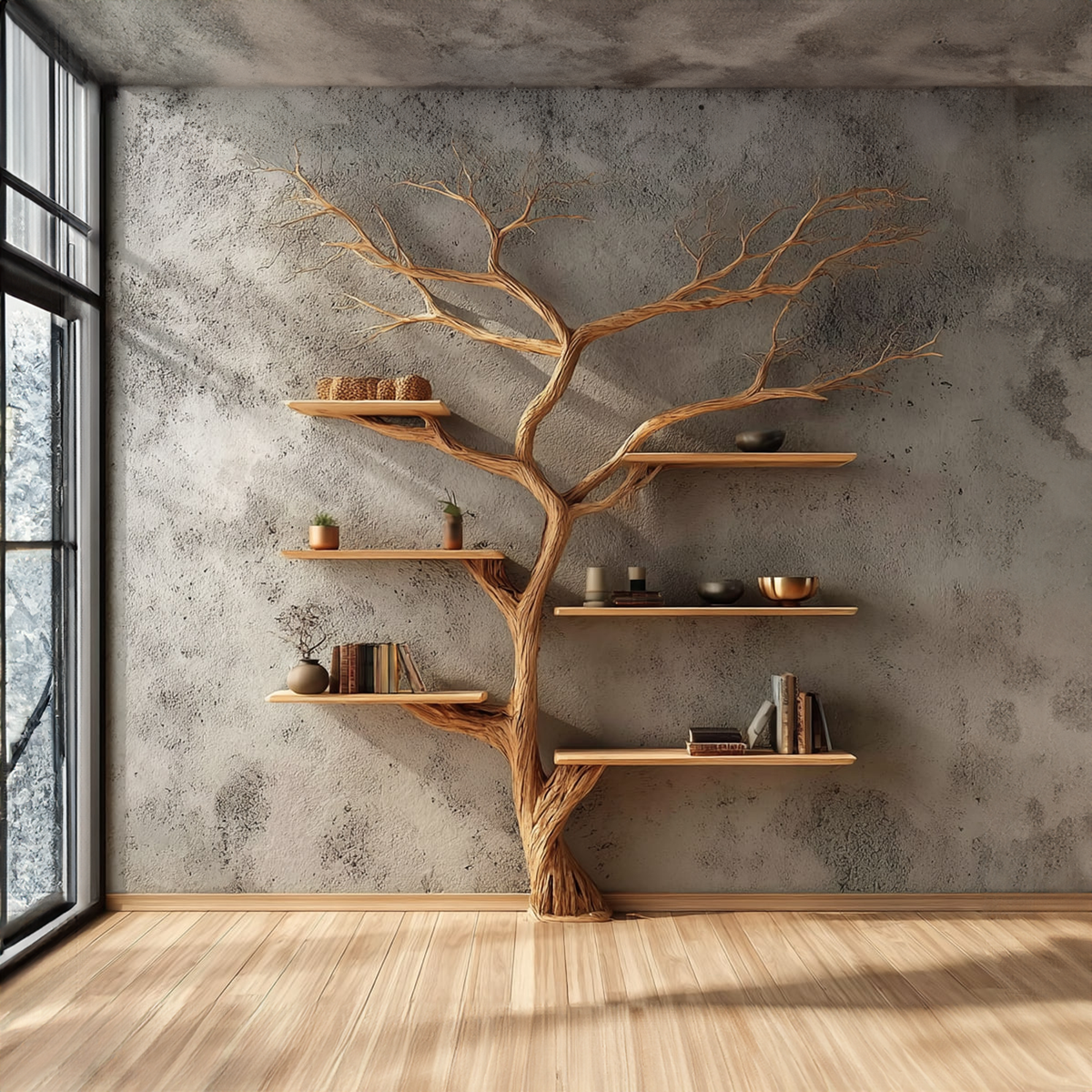 Rustic Tree Bookshelf, Solid Wood Wall Mounted Bookcase & Creative Floating Branch Display Shelf for Bedroom & Study