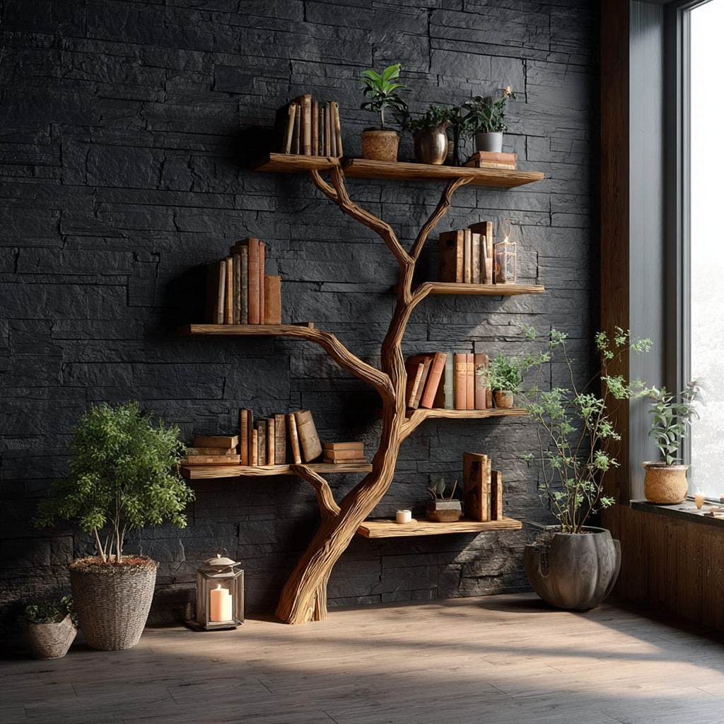 Rustic Tree Bookcase, Solid Wood Wall Mounted Branch Shelf, Creative Floating Bookcase for Kids Reading Nook Decor