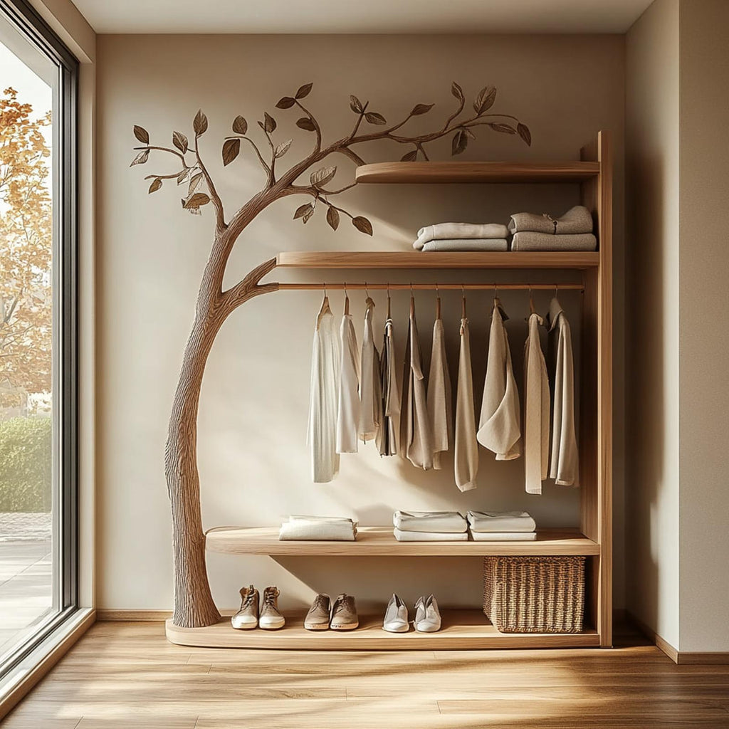 Scandinavian Solid Wood Tree Wardrobe Organizer Natural Living Room