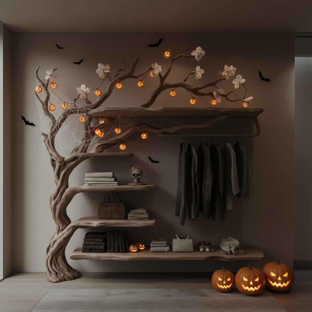 Mid-Century Wooden Tree Wardrobe Shelf, Rustic Branch Coat Rack & Organizer, Spooky Gothic Bedroom Furniture Decor
