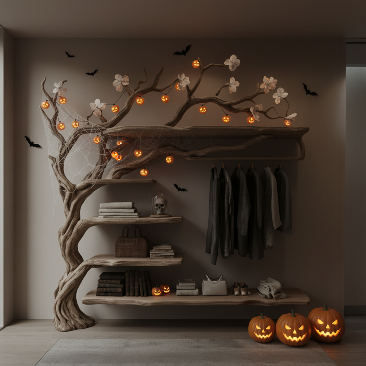 Mid-Century Wooden Tree Wardrobe Shelf, Rustic Branch Coat Rack & Organizer, Spooky Gothic Bedroom Furniture Decor