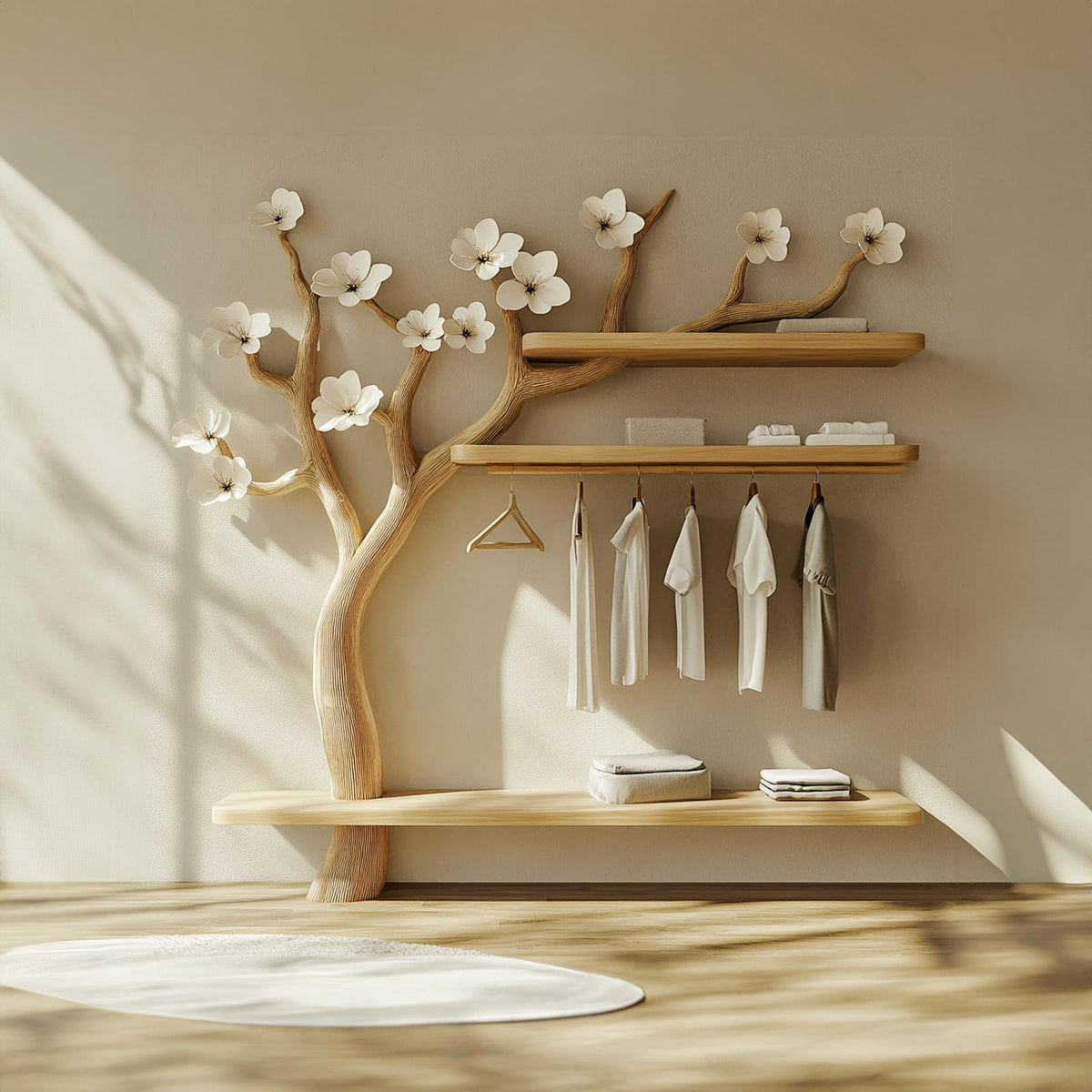 Scandinavian Wooden Tree Wardrobe Rack, Solid Wood Coat Stand & Clothes Garment Hanging Rack for Bedroom Organizer