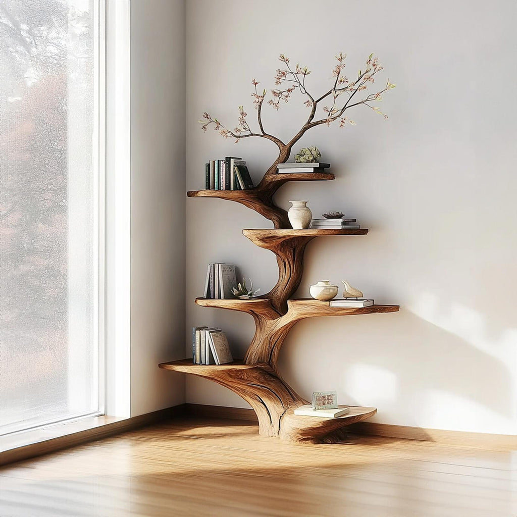 Rustic Statement Tree Shaped Shelf, Handcrafted Wood Branch Bookshelf & Artistic Wall Display for Living Room