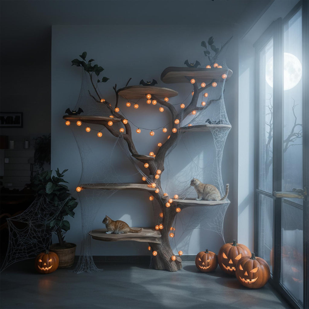 Mid Century Halloween Cat Tree Shelf Living Room