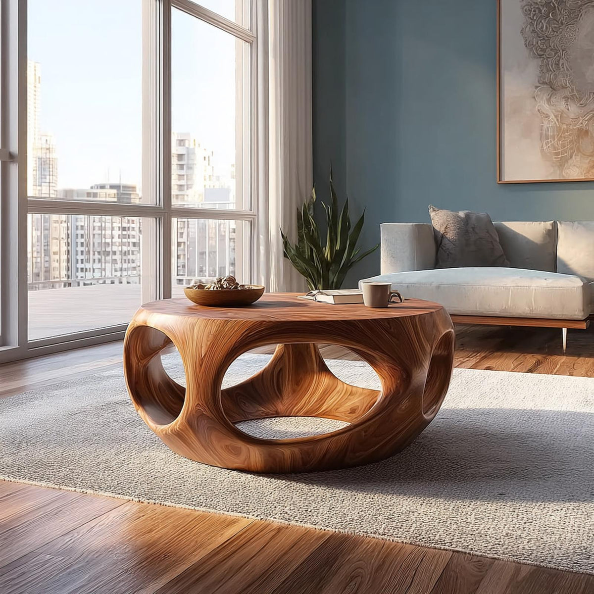Mid Century Artistic Solid Wood Coffee Table, Living Room Handcrafted Center Table, Model