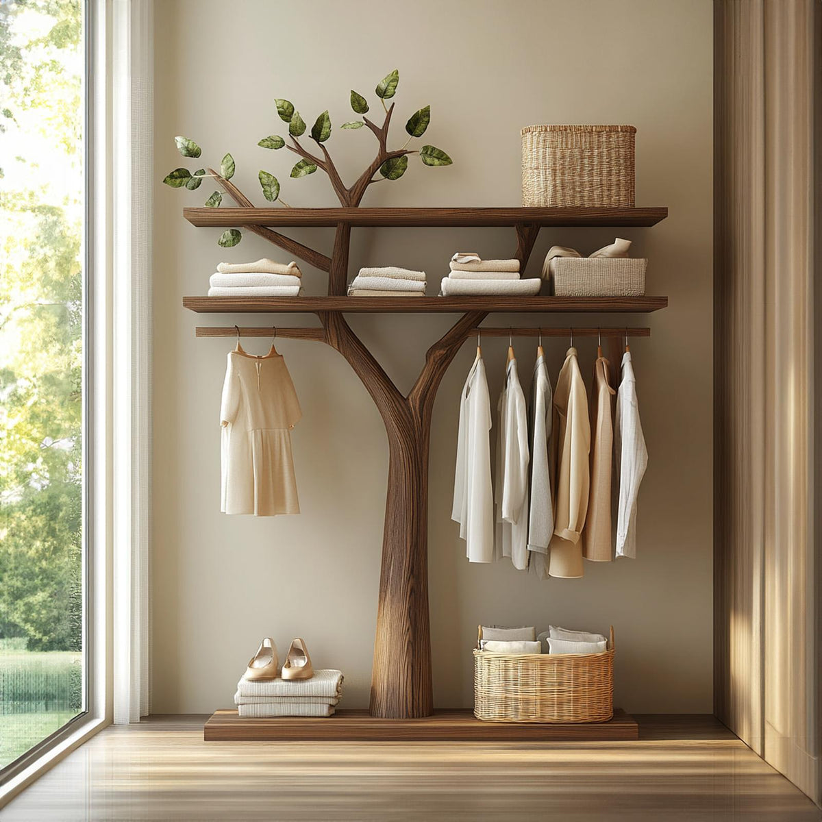 Sculptural Wooden Tree Clothing Rack, Artistic Solid Wood Standing Coat Stand, Creative Bedroom Clothes Hanging Rack