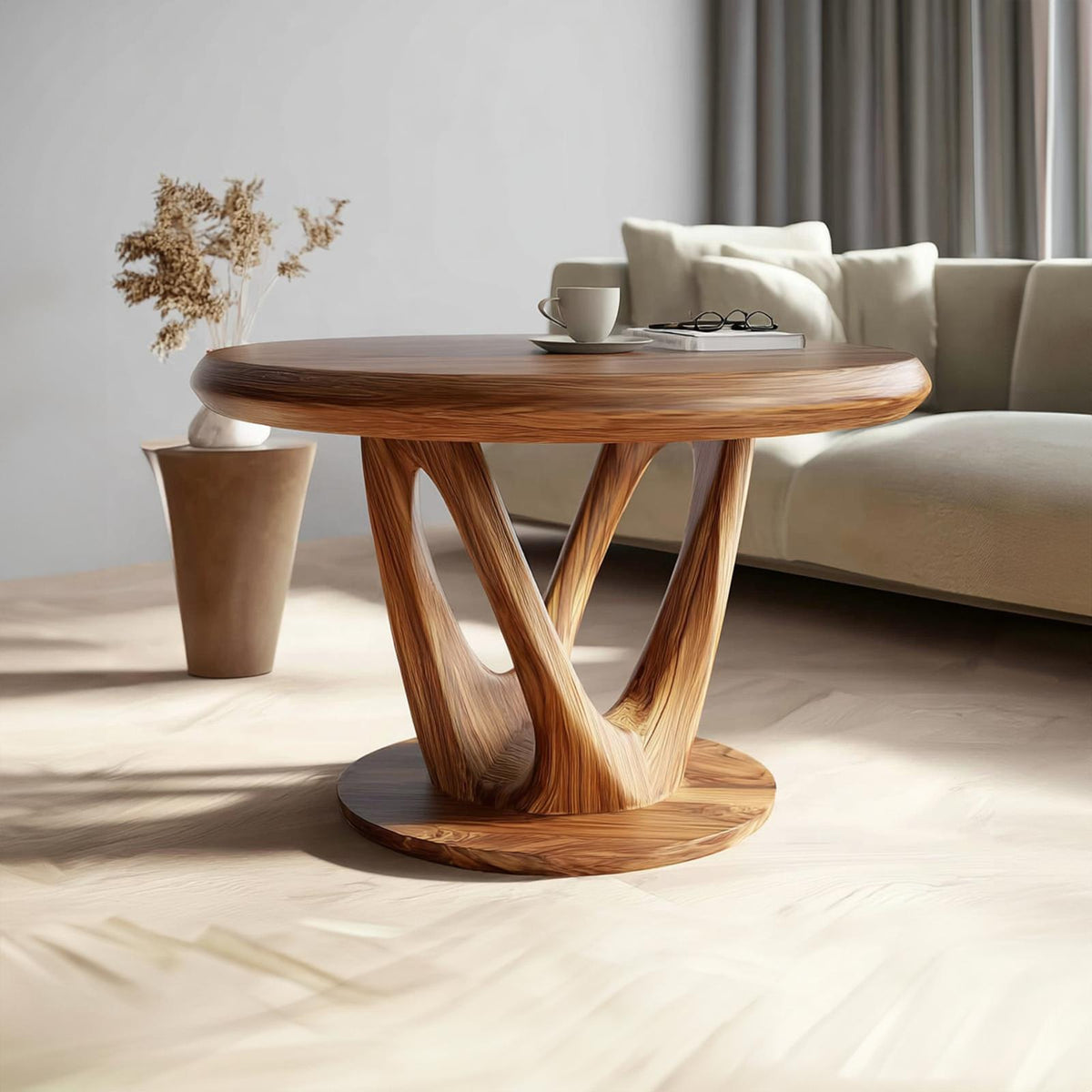 Mid Century Organic Round Table, Solid Wood Sculptural Coffee Table Centerpiece for Living Room, Den, Dining Room