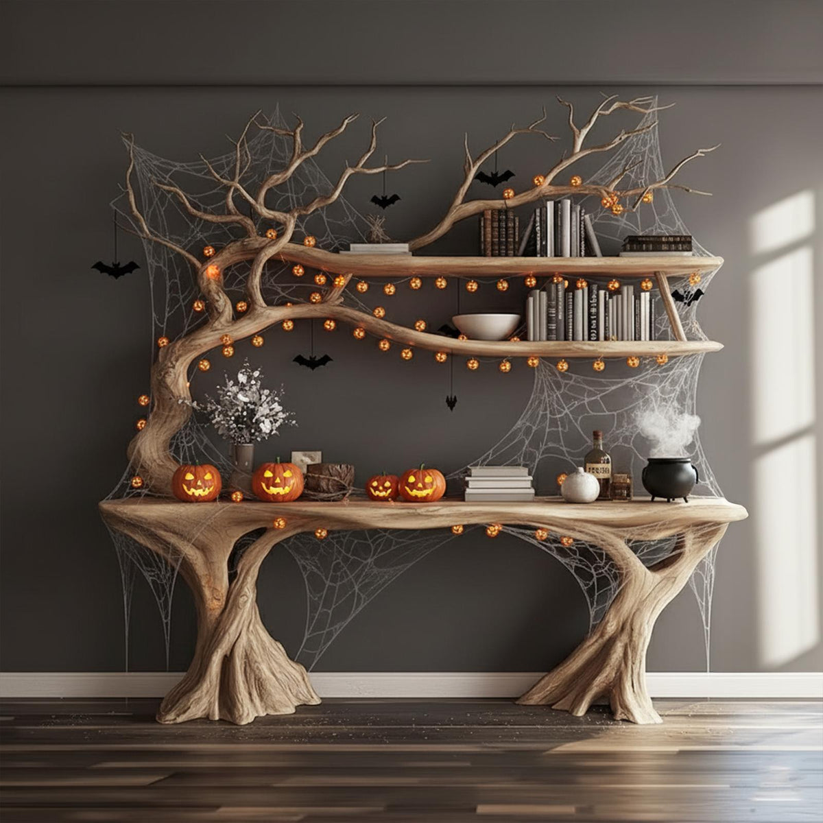 Mid-Century Wood Console Table, Rustic Tree Branch Accent Sofa Table, Spooky Gothic Living Room Decor Furniture