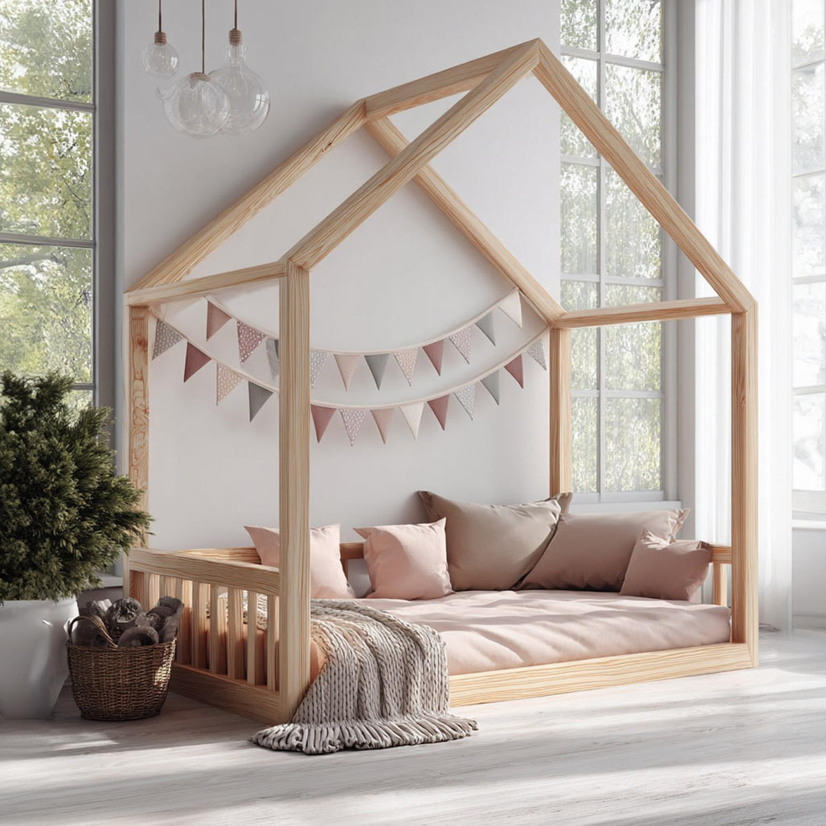 Spry Interior Scandinavian Montessori Floor House Bed, Solid Wood Kids Bed Frame, Wooden Playhouse Cottage Bed for Toddlers SINLKIWB59