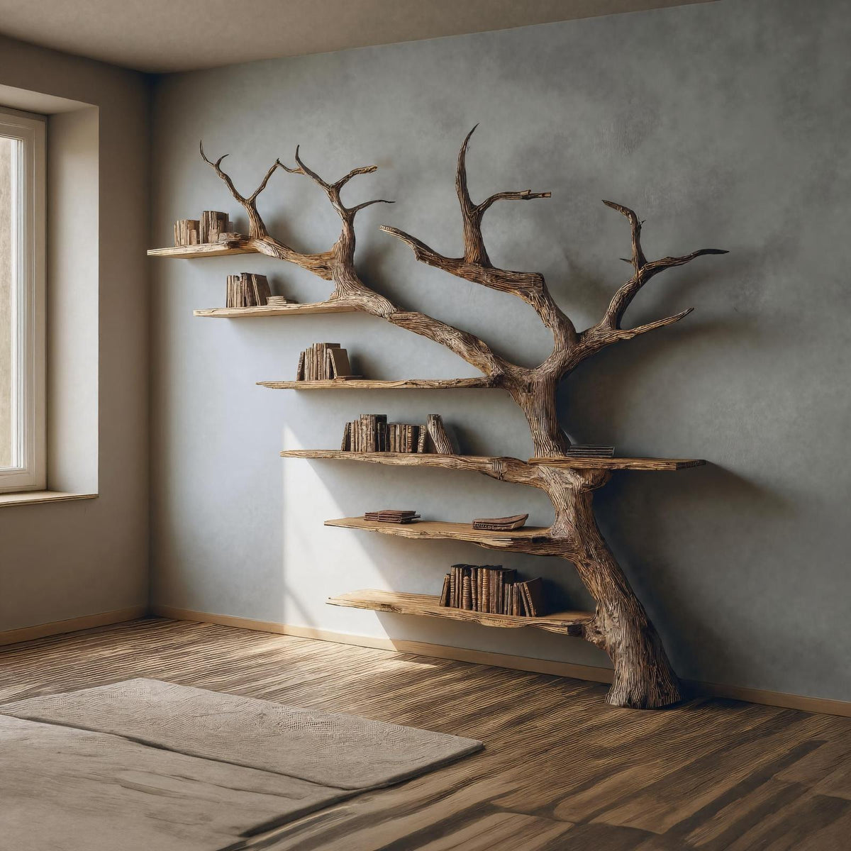 Rustic Branch Bookshelf, Handcrafted Solid Wood Wall Mounted Bookcase & Artistic Hanging Storage for Home Office Decor