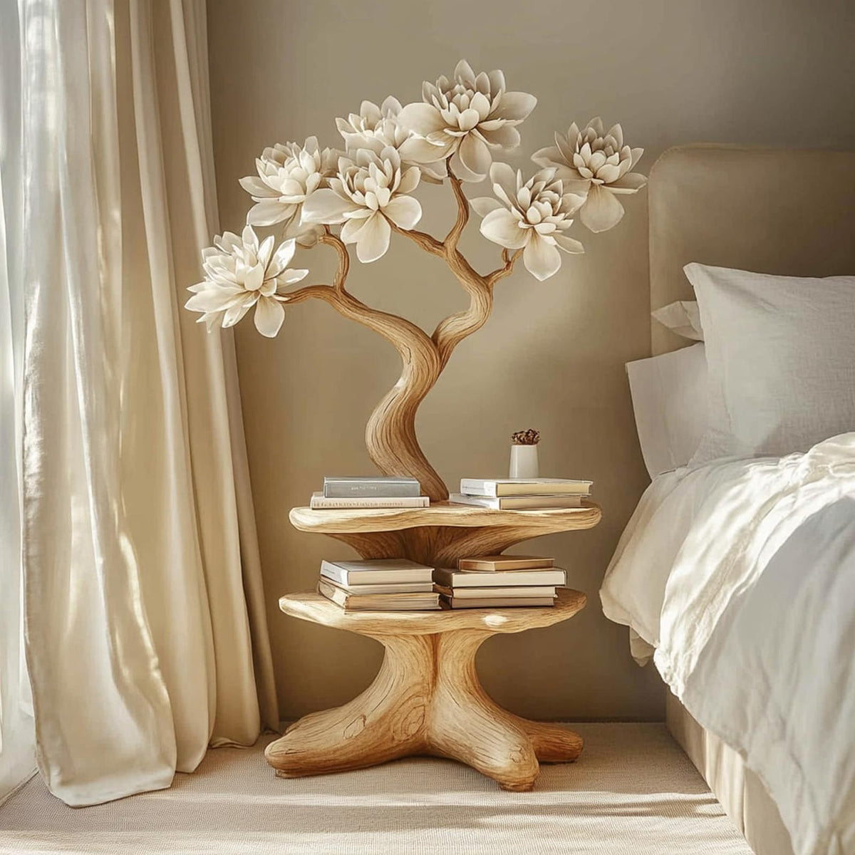 Artistic Rustic Wood Nightstand, Handcrafted Modern Bedside Table & Small Accent End Table for Bedroom Decor