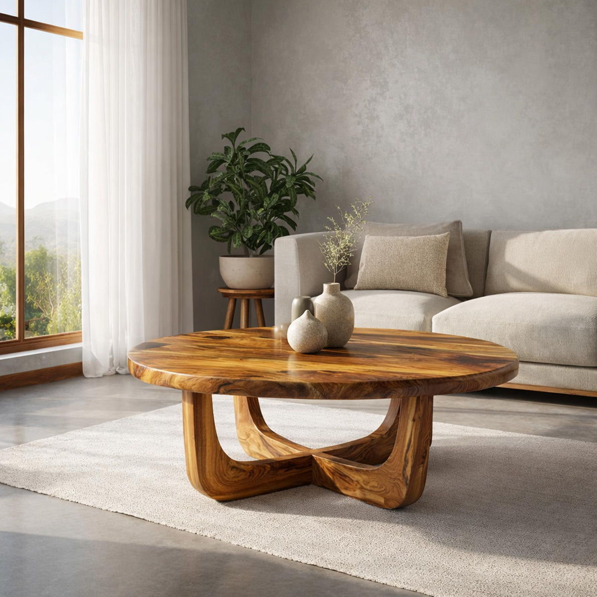 Spry Interior Sculpted Ring Base Solid Wood Coffee Table, Warm Contemporary Center Table for Luxury Living Room Interiors, SINLKICF321