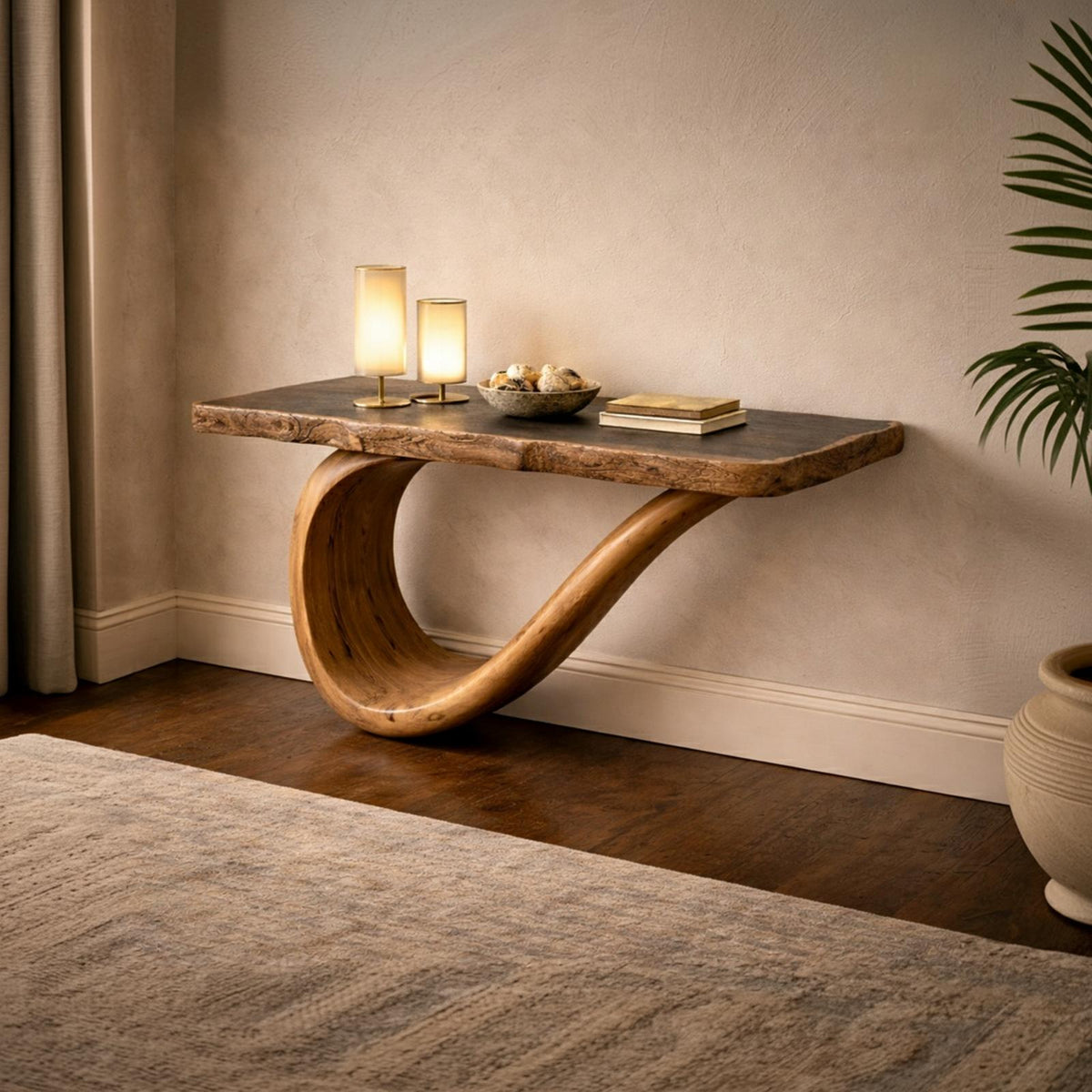 Spry Interior Sculptural Wood Console Table, Handcrafted Art Furniture Entryway Accent Shelf for Living Room and Gallery, SINLKICS471