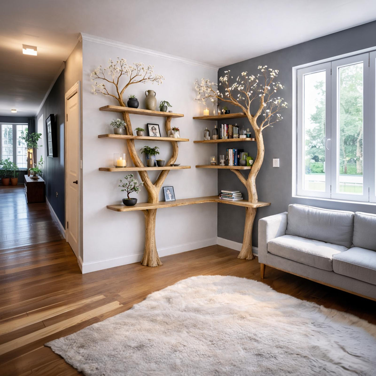 Spry Interior Nature Inspired Solid Wood Tree Display Bookcase, Handcrafted Floating Branch Wall Mounted Shelf for Living Room, SINLKITB640