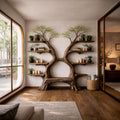 Rustic Artistic Twin Tree Bookshelf With Bench Living Room Interior Centerpiece