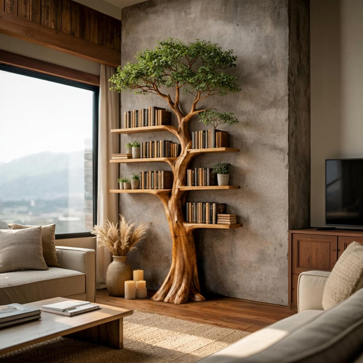 Rustic Artistic Tree Bookshelf, Freestanding Wood Branch Bookcase and Storage Rack for Modern Living Room