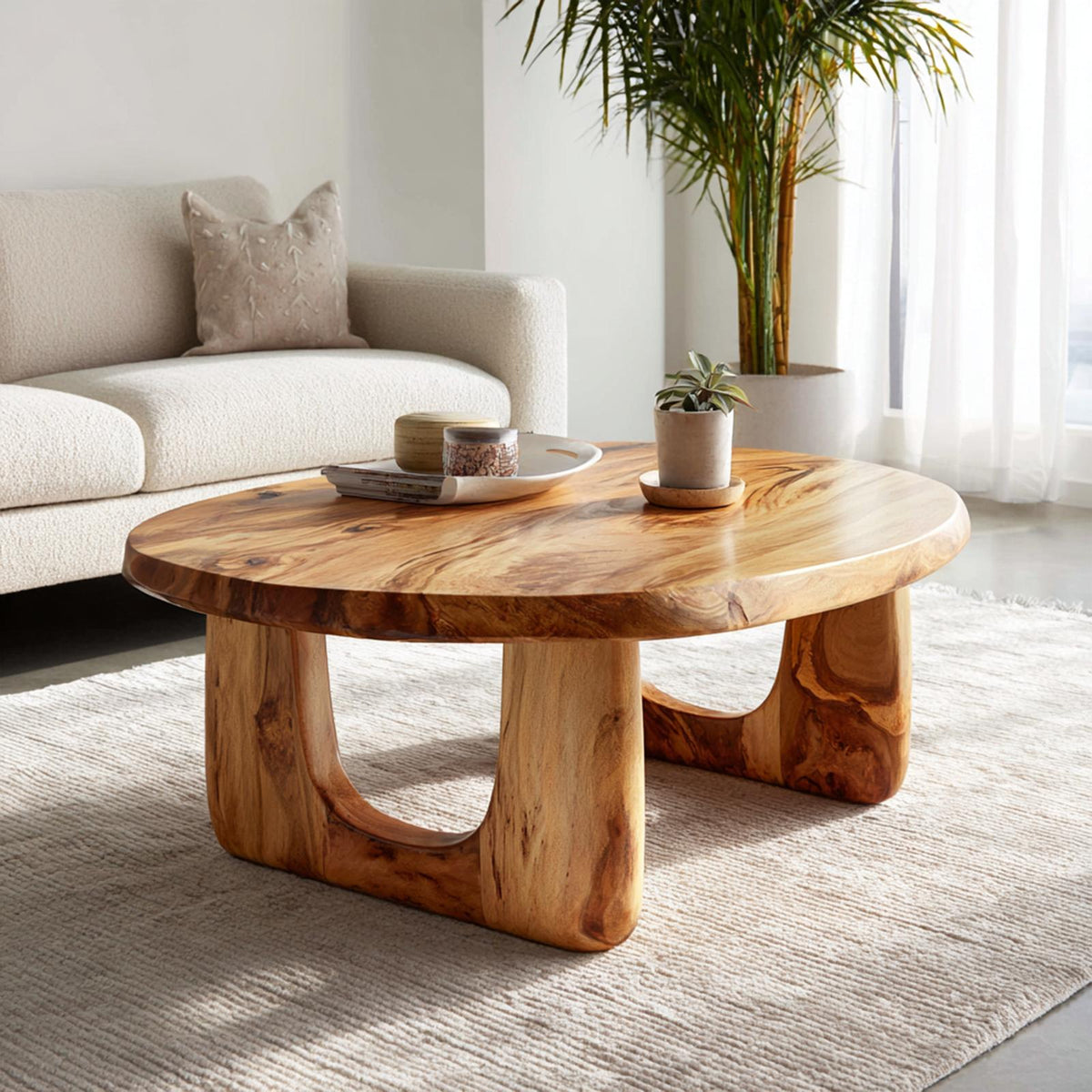 Spry Interior Dual Arch Solid Wood Coffee Table, Soft Organic Accent Center Table for Modern Japandi Living Room Decor, SINLKICF323