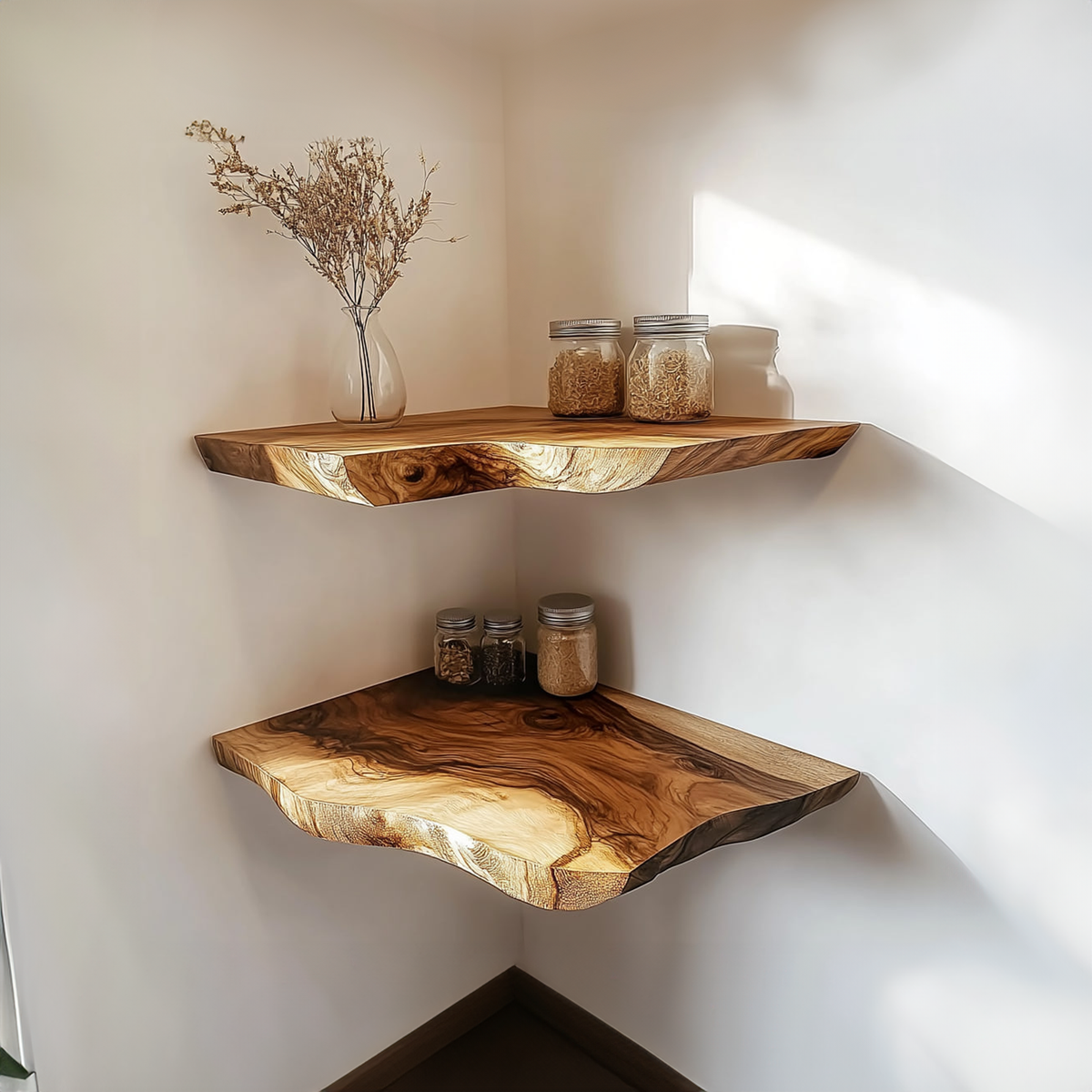 Rustic Live Edge Wood Corner Wall Shelf, Space-Saving Floating Kitchen Storage Rack & Dining Room Decor Display Ledge