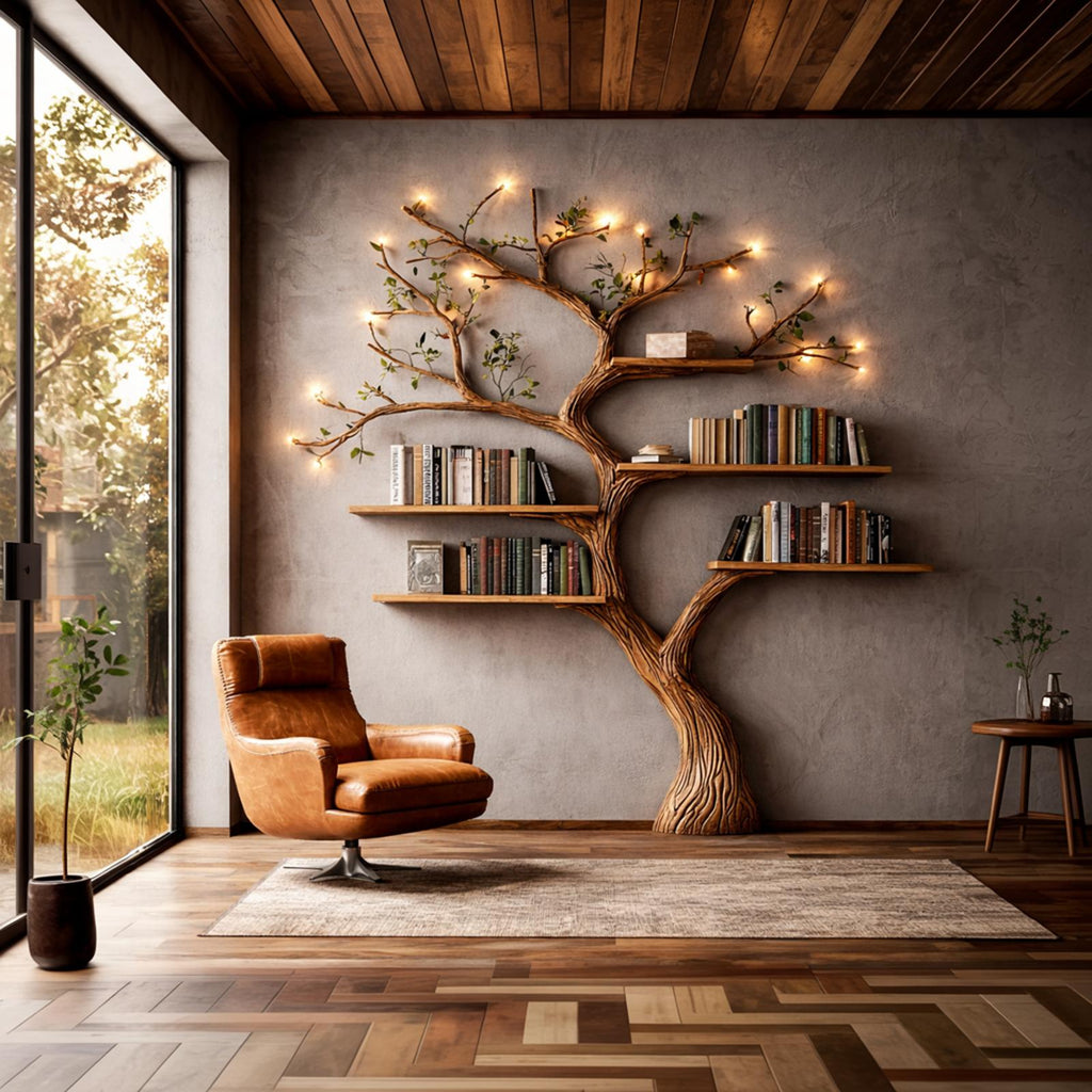 Organic Modern Wall Mounted Tree Bookshelf, Handcrafted Solid Wood Floating Branch Bookcase for Living Room