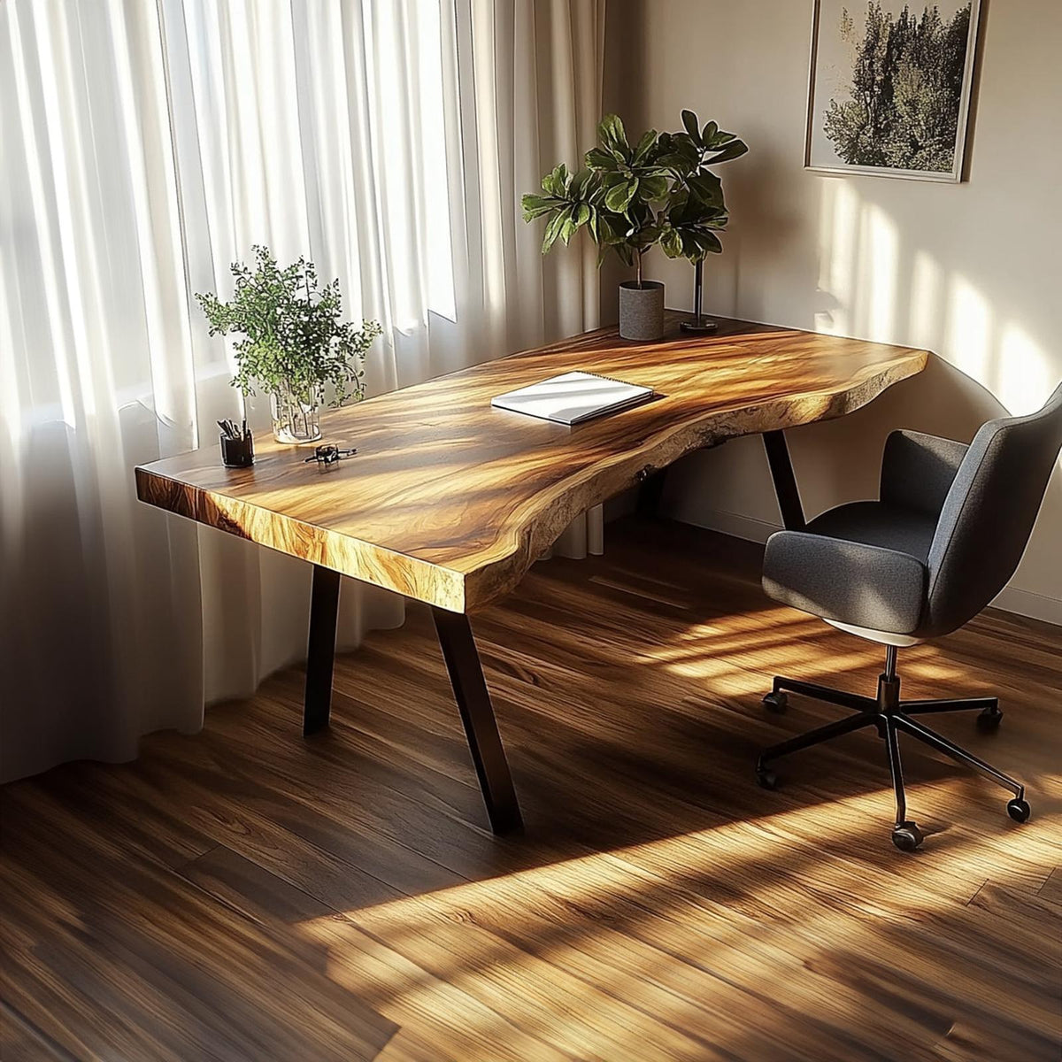 Rustic Live Edge Modern Desk, Solid Wood Computer Writing Table for Living Room & Home Office Study, Steel Legs