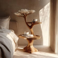 Rustic Wood Sculptural Bedside Table, Modern Bedroom Nightstand & Space Saving Corner Accent End Table