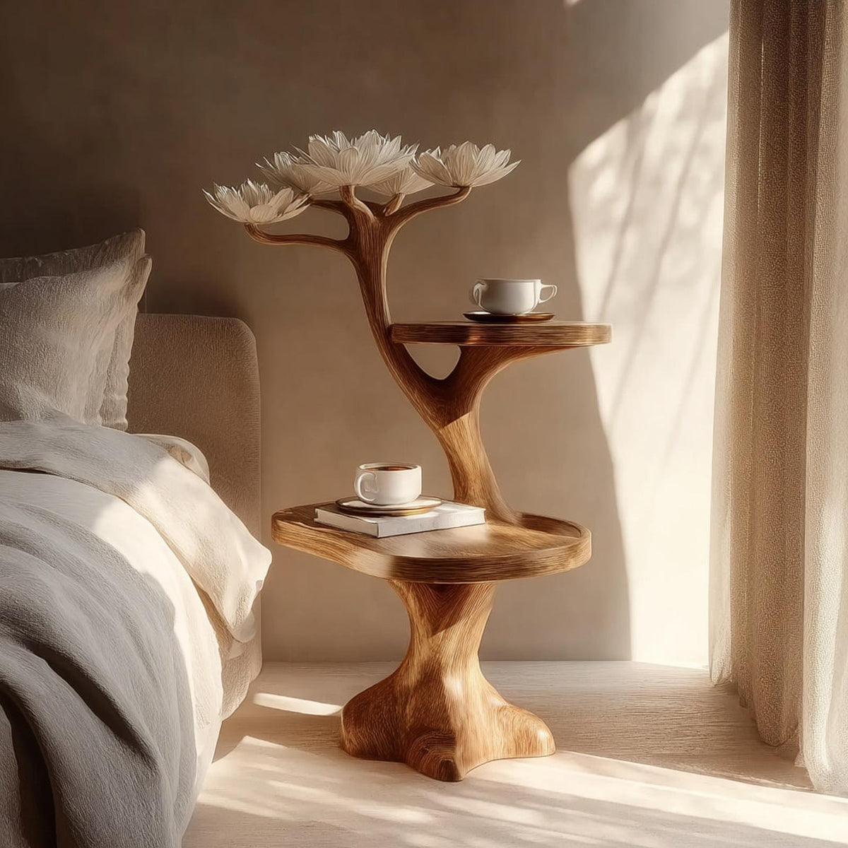 Rustic Wood Sculptural Bedside Table, Modern Bedroom Nightstand & Space Saving Corner Accent End Table