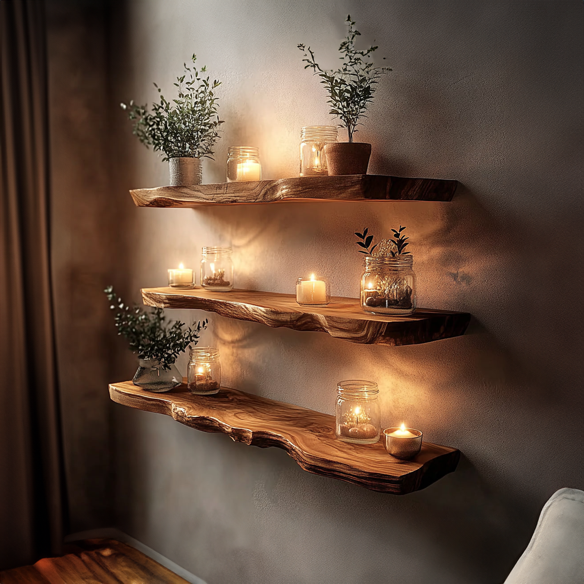 Rustic Live Edge Wood Corner Floating Shelf, Wall Mounted Space-Saving Storage Rack & Display Organizer for Kitchen, Den