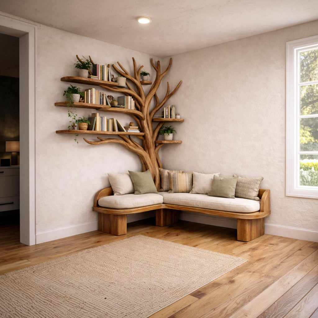 Spry Interior Rustic Sculptural Tree Bookshelf with Corner Bench, Wood Branch Shelf with Integrated Entryway & Foyer Seating, SINLKITB654