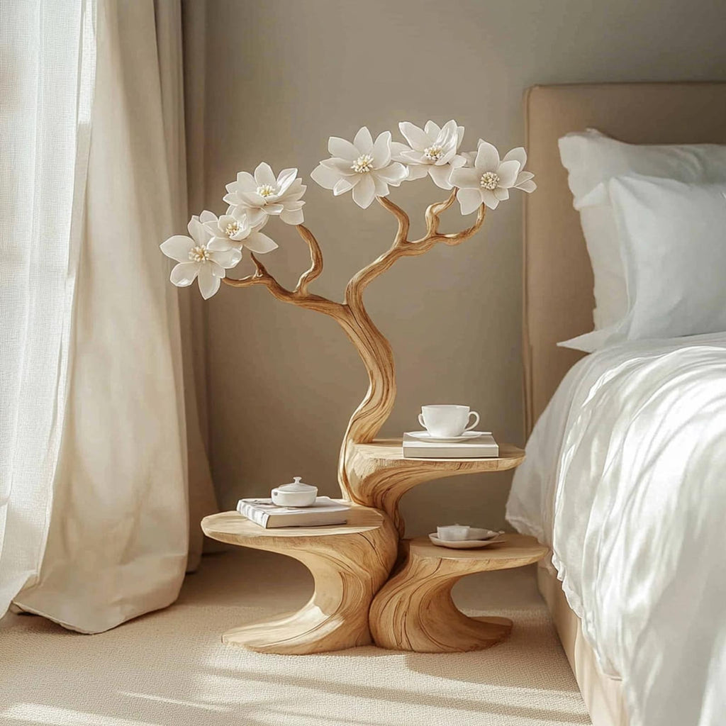 Handcrafted Rustic Flower Tree Bedside Table, Creative Wood Nightstand & Accent End Table for Bedroom, Entryway