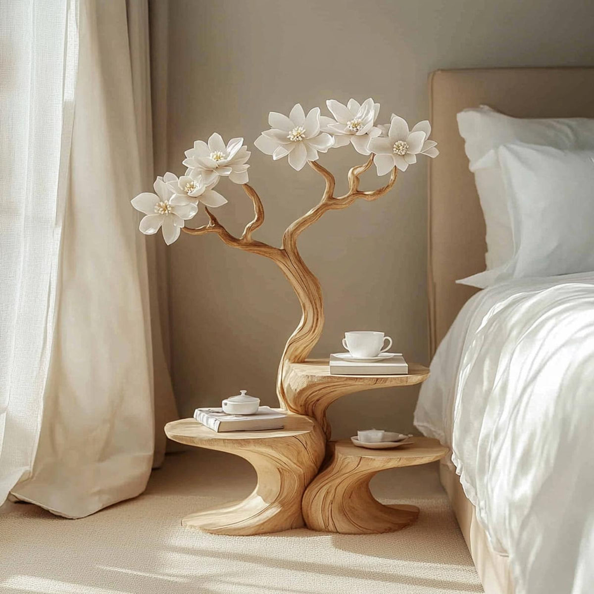 Handcrafted Rustic Flower Tree Bedside Table, Creative Wood Nightstand & Accent End Table for Bedroom, Entryway